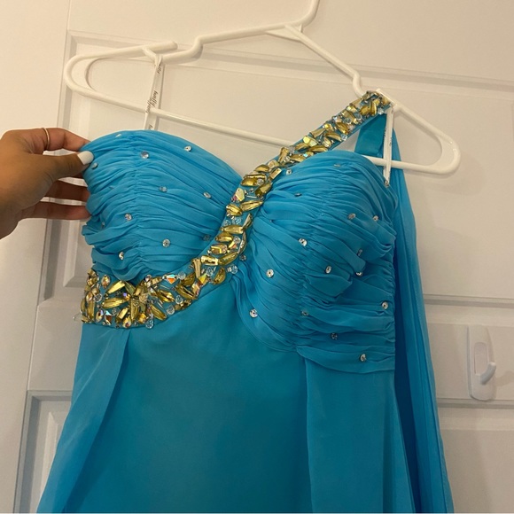 Tiffany Designs Bright Light Blue & Gold One Shoulder Maxi Formal Prom Dress - Picture 9 of 12